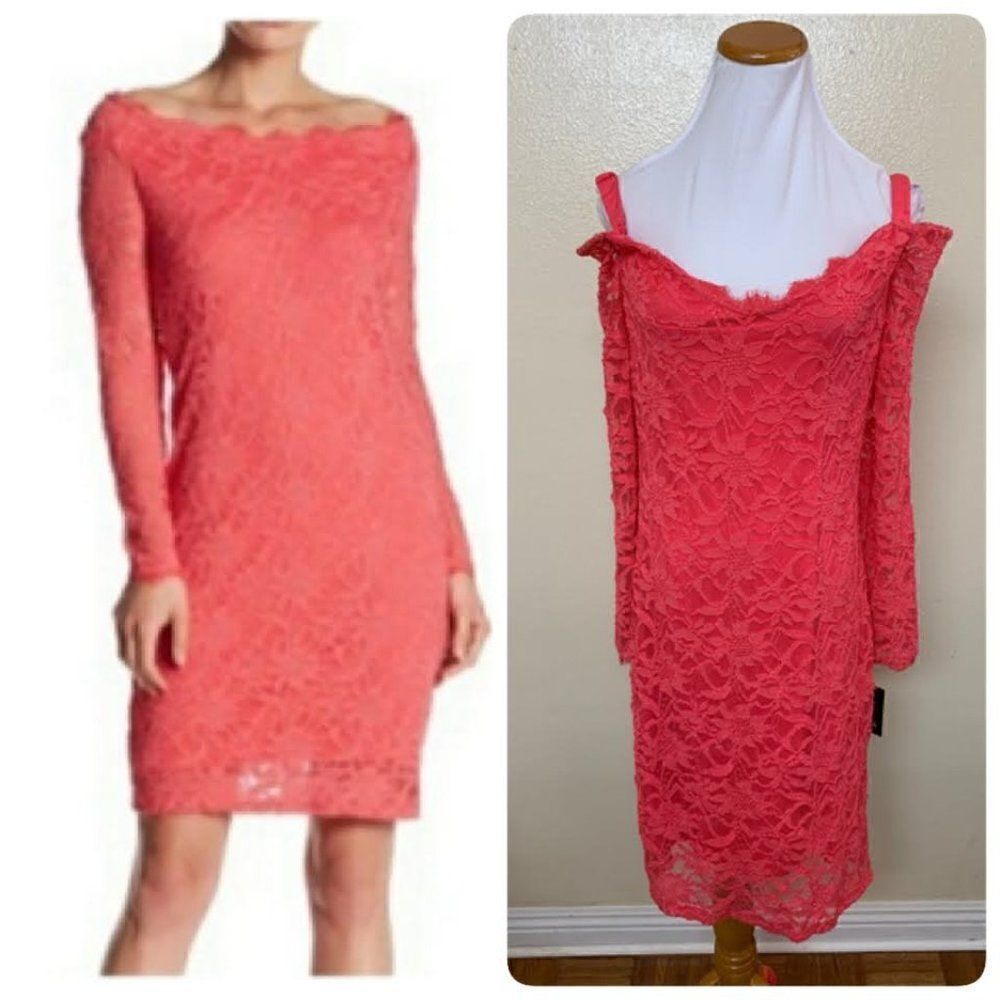 Marina Off Shoulder Lace Sheath Evening Dress Size 14P in Coral Long Sleeve